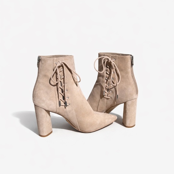 Kendall & Kylie Taupe Suede Lace-Up Ankle Booties Pointed Toe Block Heel - Picture 5 of 12